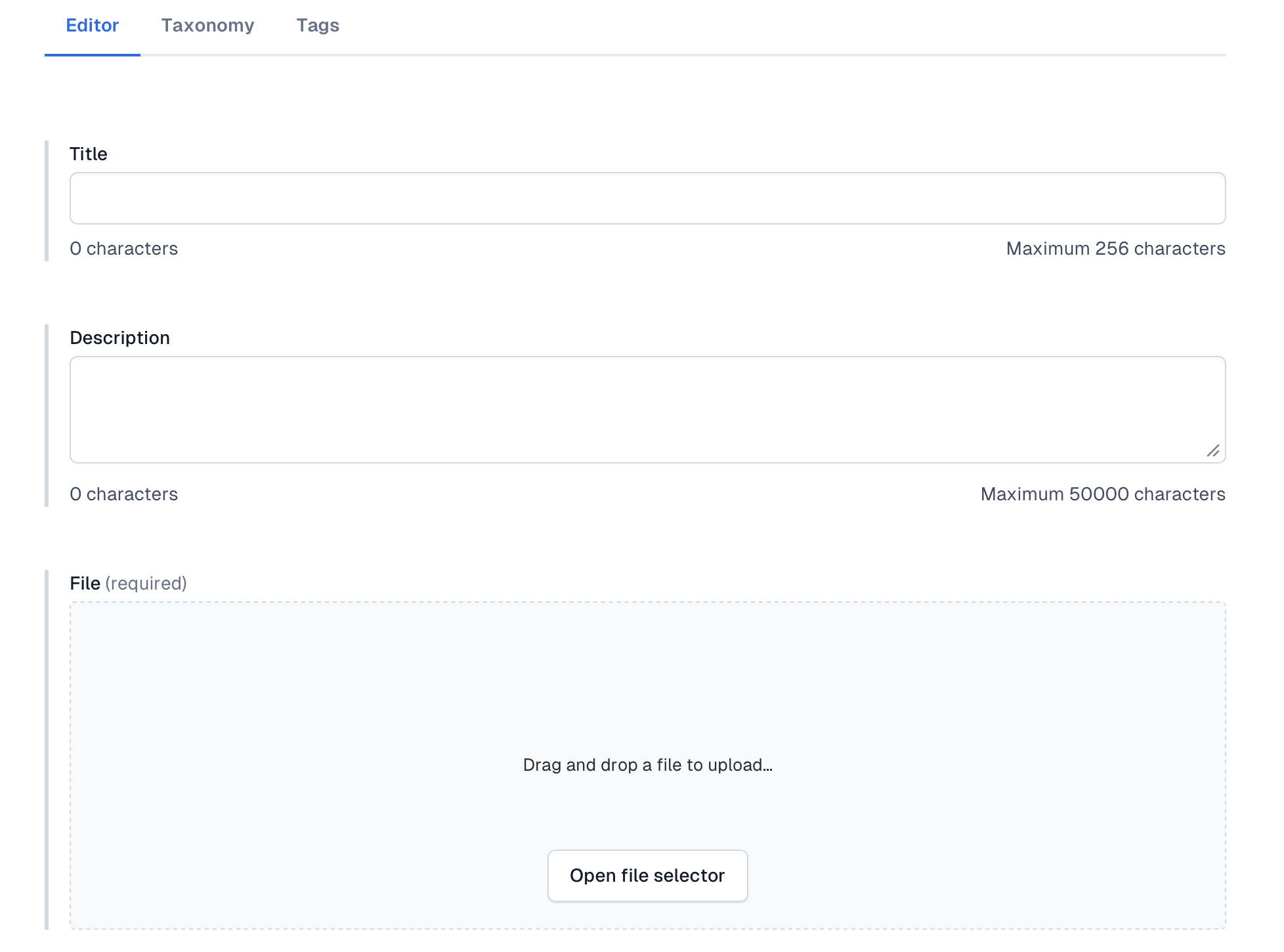 The Asset editor in Contentful: a Title field, a Description field and a required File field, and nothing else